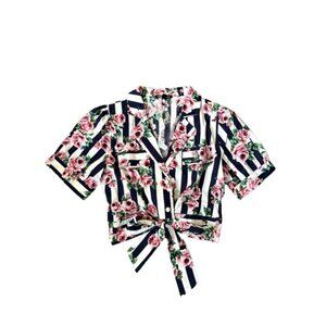 NWT Deco Lux Top‎ Blue stripe floral print top Cotton Size Small